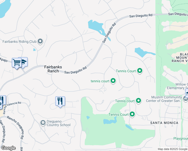 map of restaurants, bars, coffee shops, grocery stores, and more near 16727 Camino Sierra Del Sur in Rancho Santa Fe