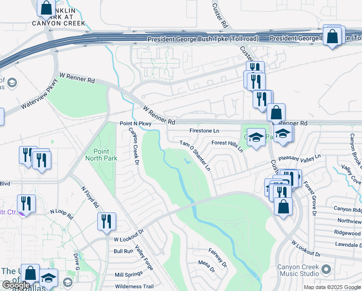 map of restaurants, bars, coffee shops, grocery stores, and more near 3201 Tam O Shanter Lane in Richardson