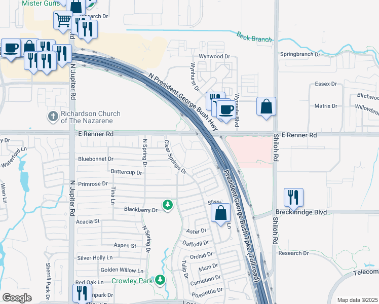 map of restaurants, bars, coffee shops, grocery stores, and more near 2600 East Renner Road in Richardson