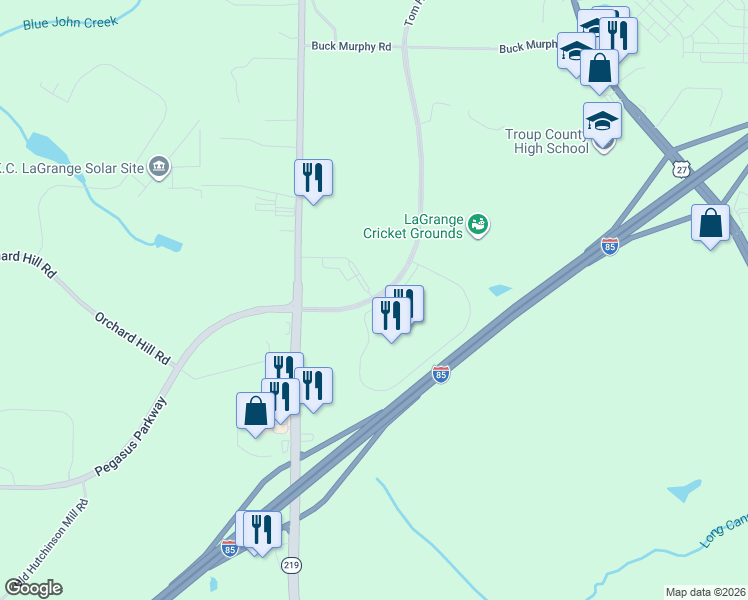 map of restaurants, bars, coffee shops, grocery stores, and more near Tom Hall Pkwy in LaGrange