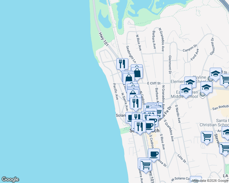 map of restaurants, bars, coffee shops, grocery stores, and more near 341 Pacific Avenue in Solana Beach