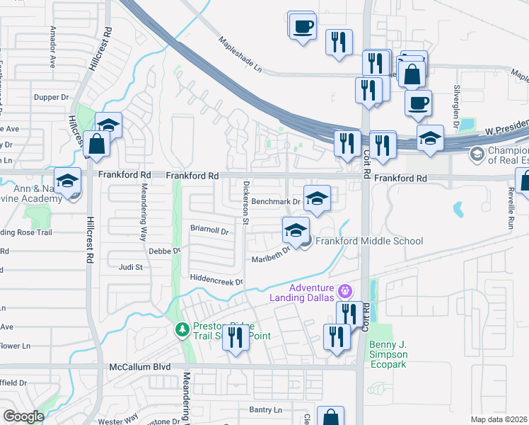 map of restaurants, bars, coffee shops, grocery stores, and more near 7520 Bromwich Court in Dallas