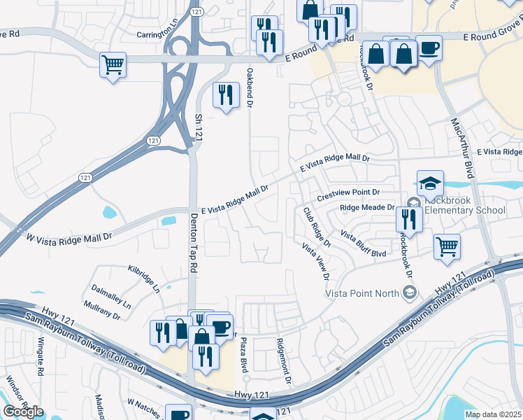map of restaurants, bars, coffee shops, grocery stores, and more near 2715 Gulf Shore Drive in Lewisville
