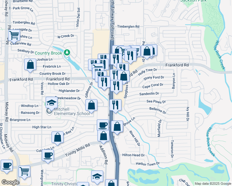 map of restaurants, bars, coffee shops, grocery stores, and more near 18010 Dallas Pkwy in Dallas