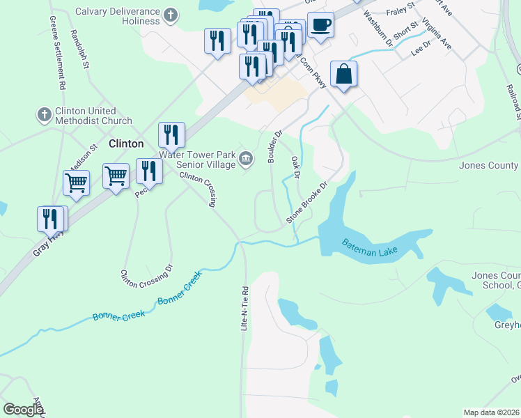 map of restaurants, bars, coffee shops, grocery stores, and more near 1108 Boulder Drive in Gray