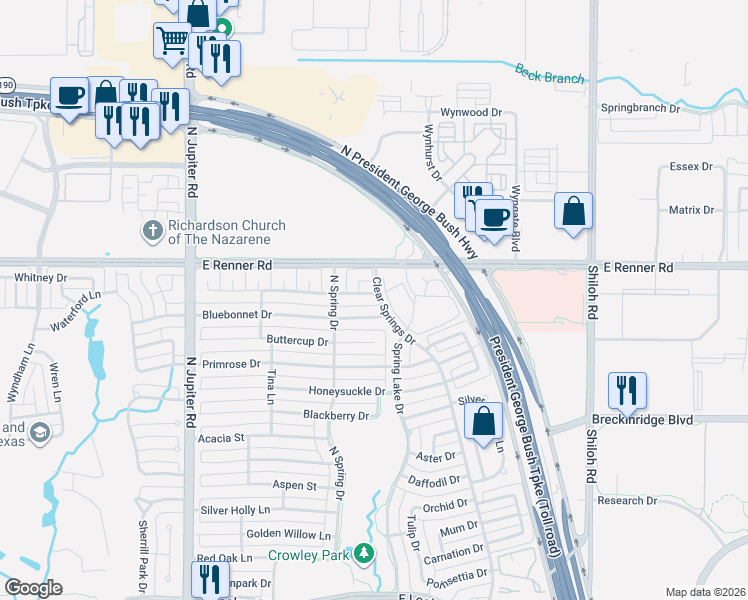 map of restaurants, bars, coffee shops, grocery stores, and more near 2559 Bluebonnet Drive in Richardson