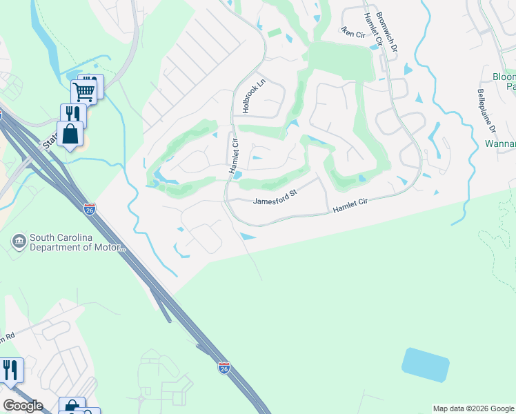 map of restaurants, bars, coffee shops, grocery stores, and more near 665 Hamlet Circle in Goose Creek