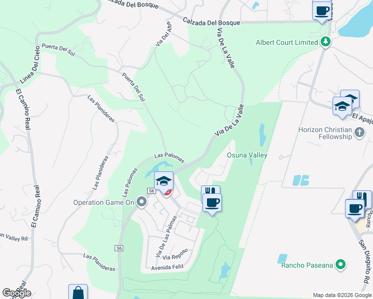 map of restaurants, bars, coffee shops, grocery stores, and more near 5758 Las Palomas in Rancho Santa Fe