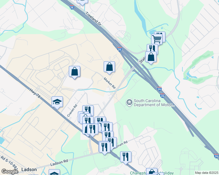 map of restaurants, bars, coffee shops, grocery stores, and more near 113 Market Road in Ladson
