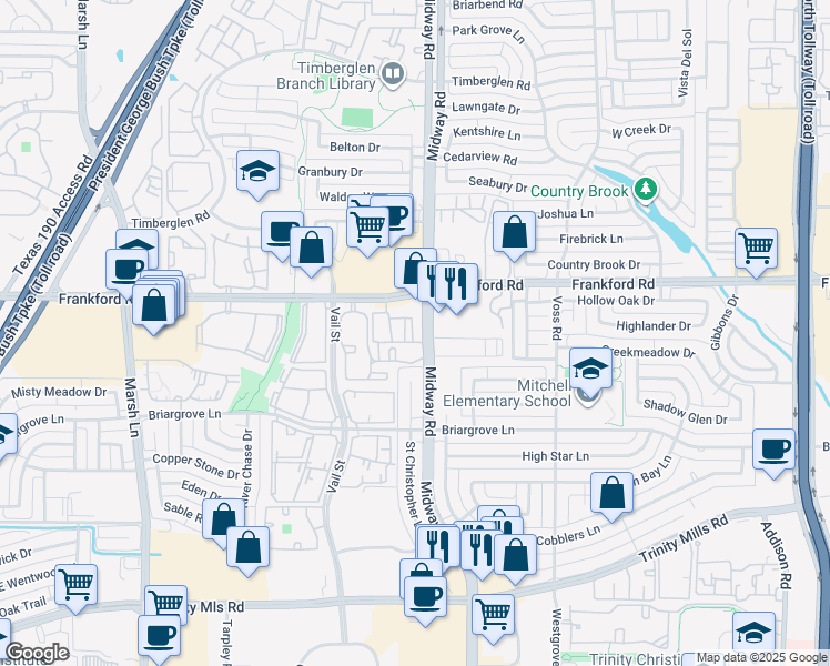 map of restaurants, bars, coffee shops, grocery stores, and more near 18081 Midway Road in Dallas