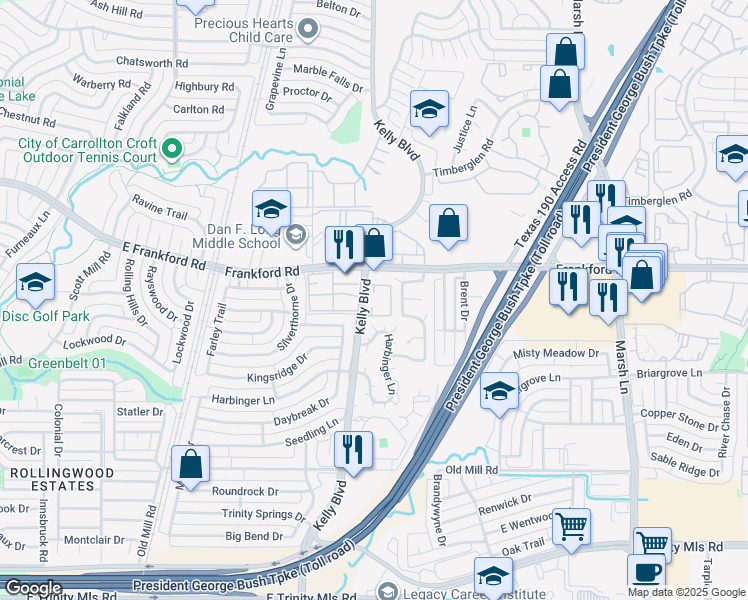 map of restaurants, bars, coffee shops, grocery stores, and more near 17910 Kelly Boulevard in Dallas