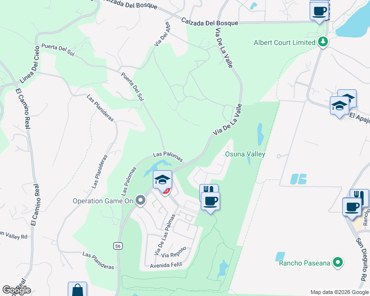 map of restaurants, bars, coffee shops, grocery stores, and more near 15604 Via De La Valle in Rancho Santa Fe