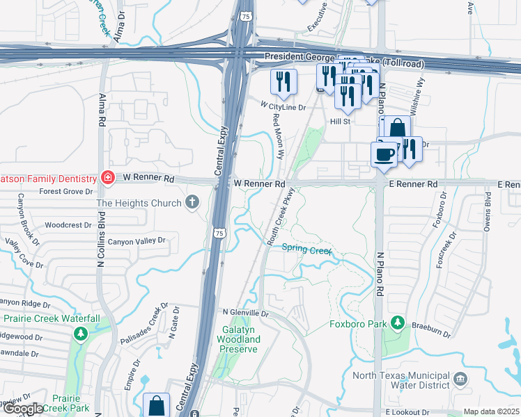 map of restaurants, bars, coffee shops, grocery stores, and more near 101 West Renner Road in Richardson