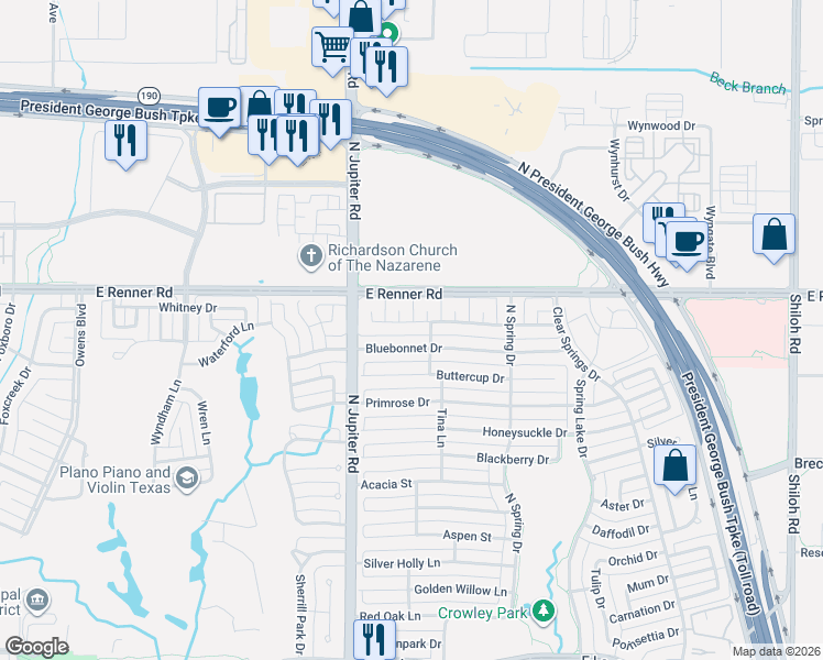 map of restaurants, bars, coffee shops, grocery stores, and more near 2307 Bluebonnet Drive in Richardson