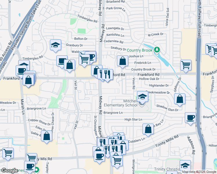 map of restaurants, bars, coffee shops, grocery stores, and more near 18040 Midway Road in Dallas