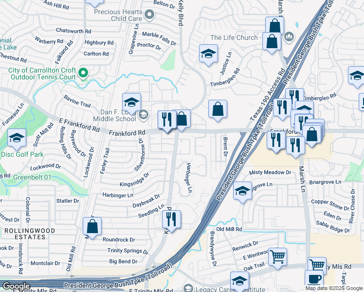 map of restaurants, bars, coffee shops, grocery stores, and more near 17910 Kelly Boulevard in Dallas