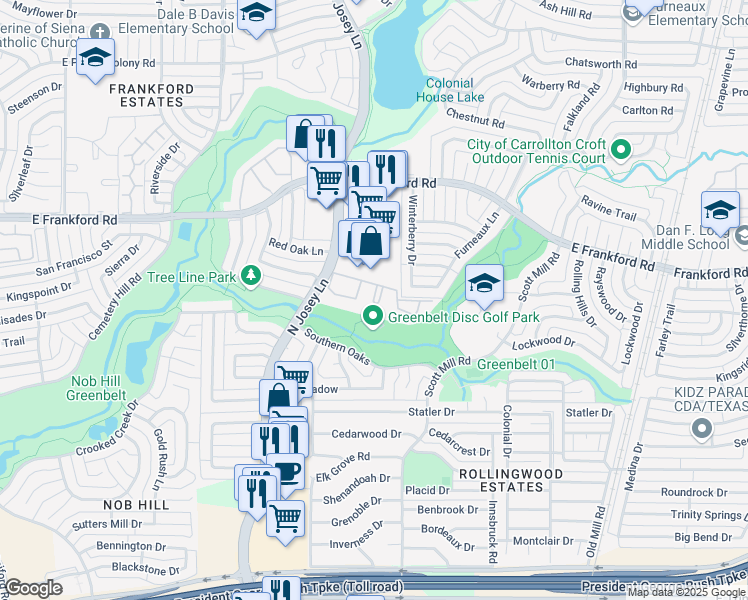 map of restaurants, bars, coffee shops, grocery stores, and more near 3022 North Josey Lane in Carrollton