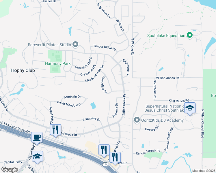 map of restaurants, bars, coffee shops, grocery stores, and more near 16 Timberline Drive in Trophy Club