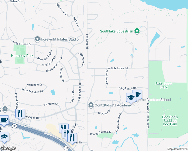 map of restaurants, bars, coffee shops, grocery stores, and more near Silver Spur Court in Southlake