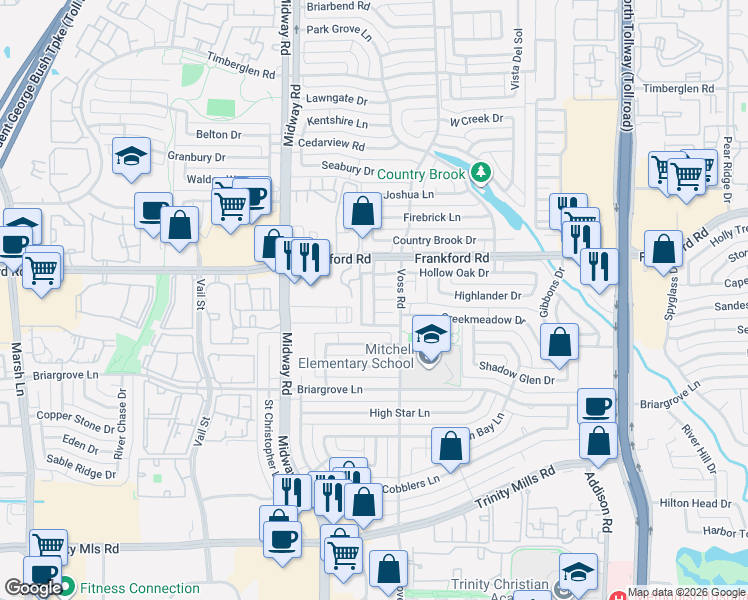 map of restaurants, bars, coffee shops, grocery stores, and more near 18098 Whispering Gables Lane in Dallas