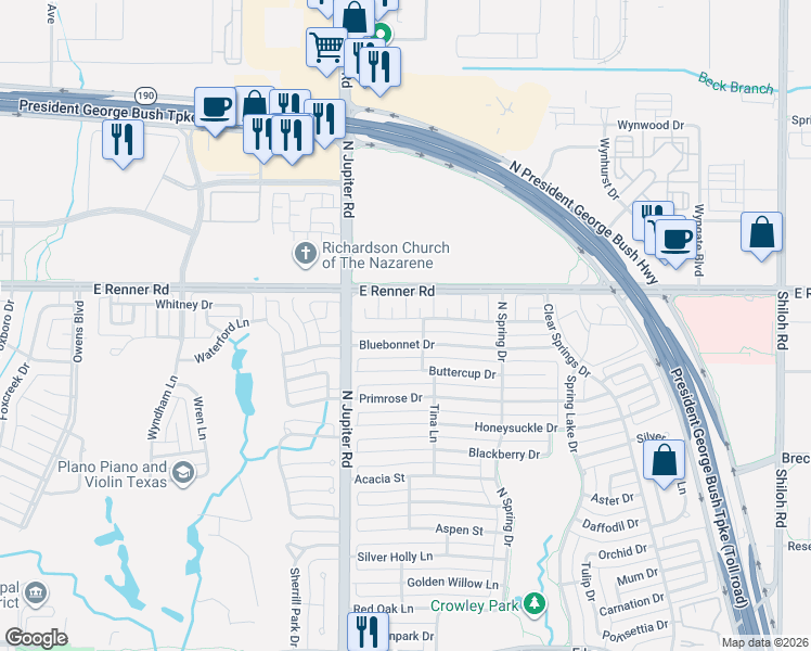 map of restaurants, bars, coffee shops, grocery stores, and more near 2307 Bluebonnet Drive in Richardson