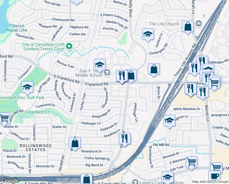 map of restaurants, bars, coffee shops, grocery stores, and more near 2626 Frankford Road in Dallas