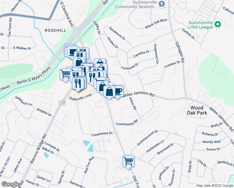 map of restaurants, bars, coffee shops, grocery stores, and more near 2 Miles Jamison Road in Summerville