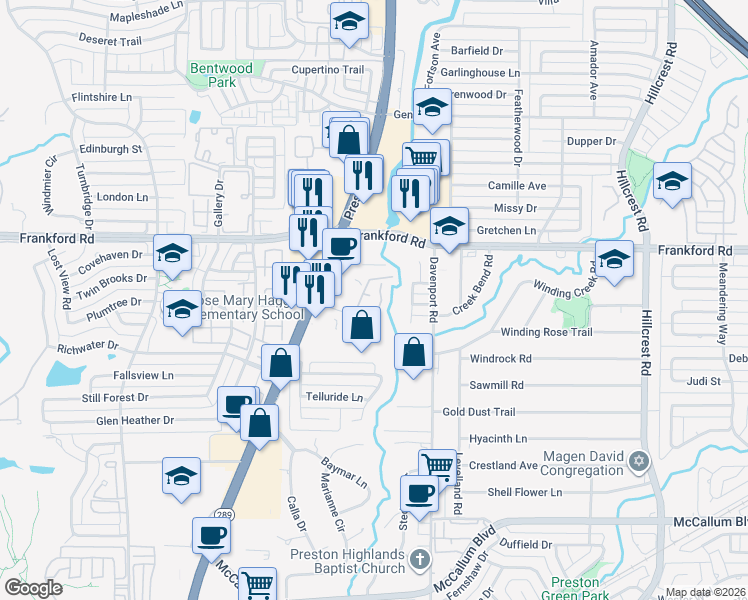 map of restaurants, bars, coffee shops, grocery stores, and more near 17878 Preston Road in Dallas