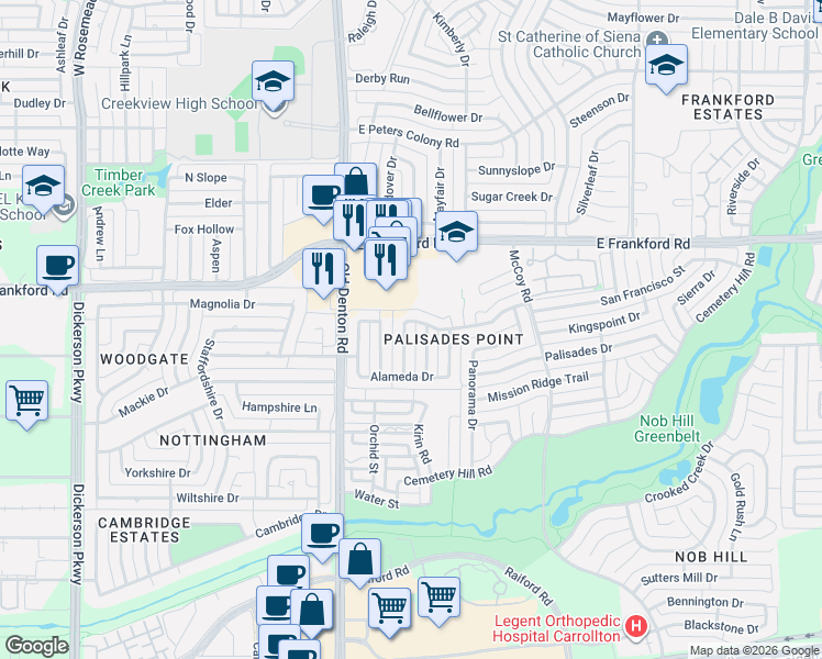 map of restaurants, bars, coffee shops, grocery stores, and more near 2919 Peninsula Way in Carrollton