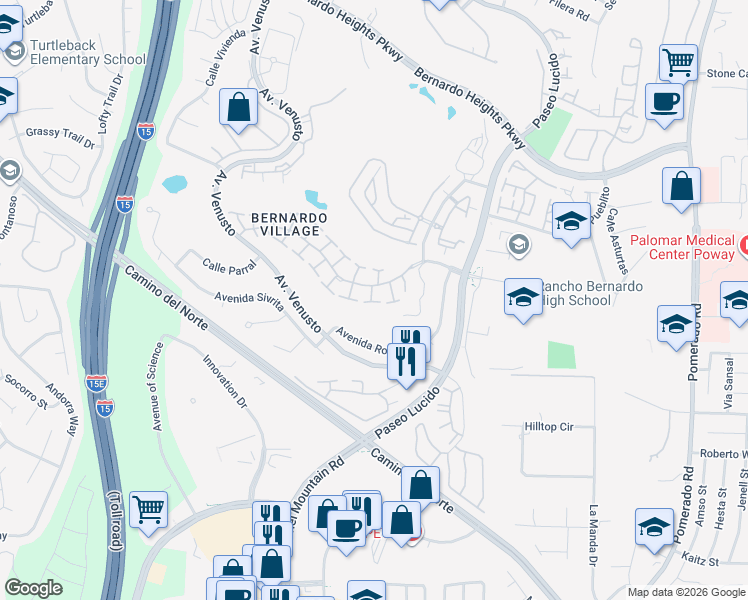 map of restaurants, bars, coffee shops, grocery stores, and more near 12043 Caminito Corriente in San Diego