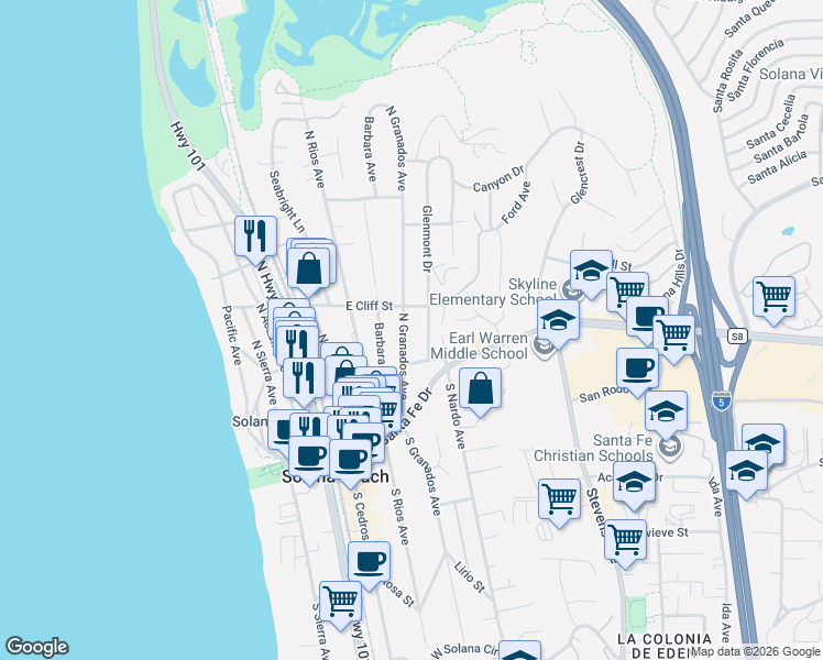 map of restaurants, bars, coffee shops, grocery stores, and more near 249 North Granados Avenue in Solana Beach