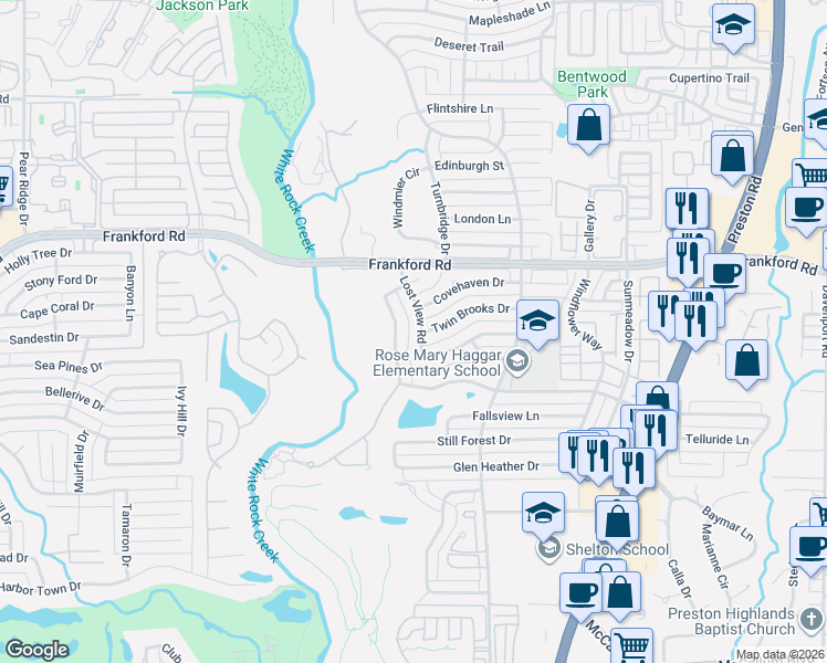 map of restaurants, bars, coffee shops, grocery stores, and more near 17820 Cedar Creek Canyon Drive in Dallas