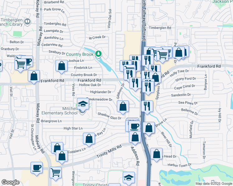 map of restaurants, bars, coffee shops, grocery stores, and more near 17936 Castle Bend Drive in Dallas