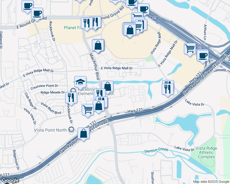 map of restaurants, bars, coffee shops, grocery stores, and more near 2701 MacArthur Boulevard in Lewisville