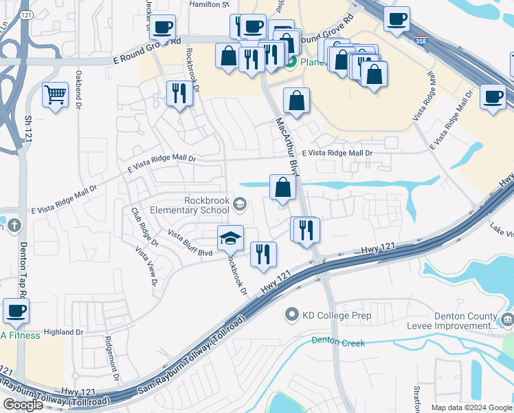 map of restaurants, bars, coffee shops, grocery stores, and more near 2751 Rockbrook Drive in Lewisville
