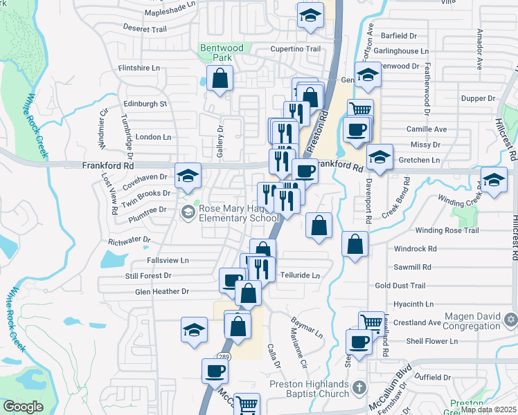 map of restaurants, bars, coffee shops, grocery stores, and more near 17717 Preston Road in Dallas
