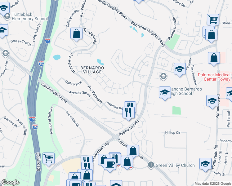 map of restaurants, bars, coffee shops, grocery stores, and more near 12027 Caminito Corriente in San Diego