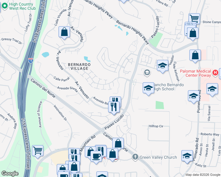 map of restaurants, bars, coffee shops, grocery stores, and more near 12139 Caminito Corriente in San Diego