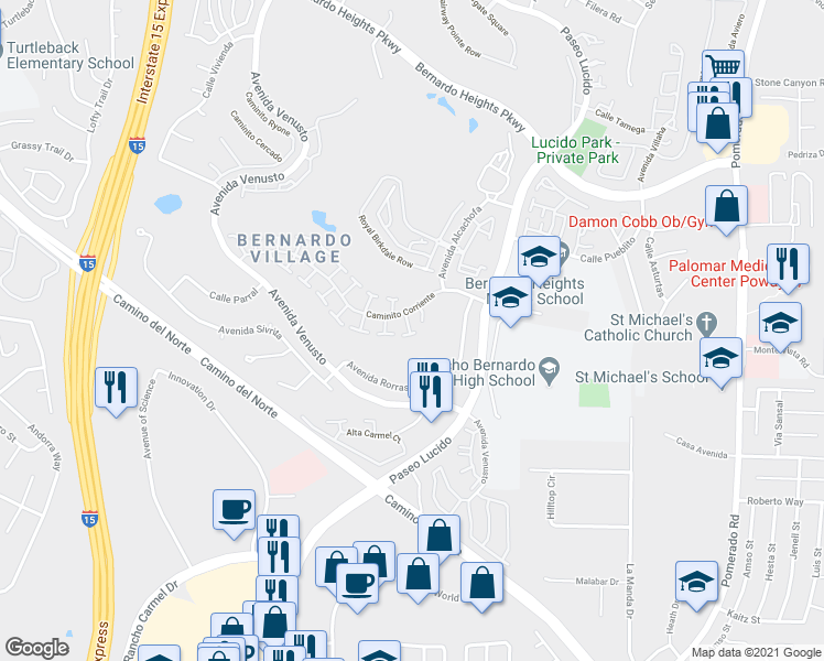 map of restaurants, bars, coffee shops, grocery stores, and more near 12139 Caminito Corriente in San Diego