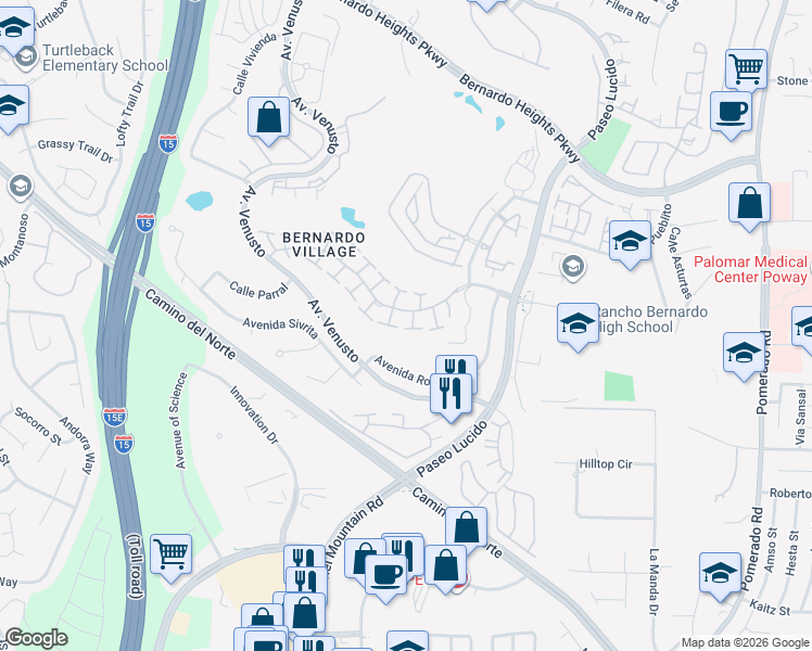 map of restaurants, bars, coffee shops, grocery stores, and more near 12043 Caminito Corriente in San Diego