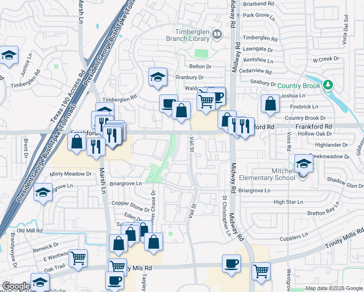 map of restaurants, bars, coffee shops, grocery stores, and more near 3840 Frankford Road in Dallas