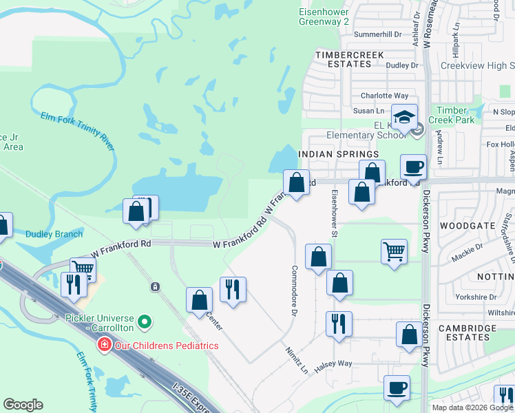 map of restaurants, bars, coffee shops, grocery stores, and more near 1600 West Frankford Road in Carrollton