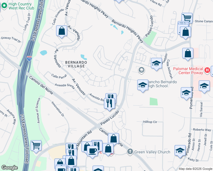 map of restaurants, bars, coffee shops, grocery stores, and more near 12159 Caminito Corriente in San Diego