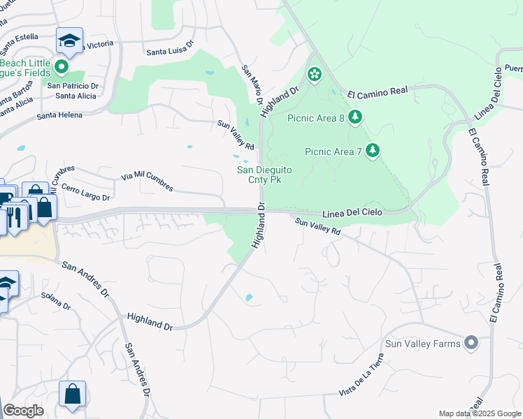 map of restaurants, bars, coffee shops, grocery stores, and more near Lomas Santa Fe Drive & Highland Drive in Solana Beach