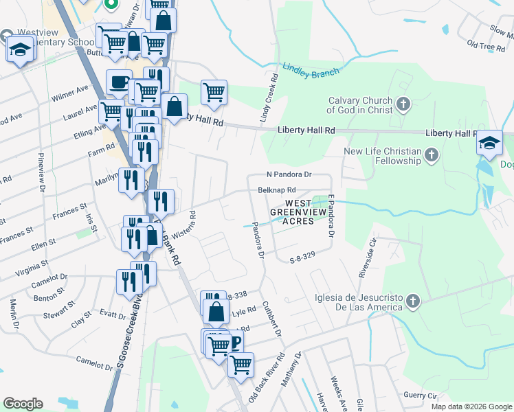 map of restaurants, bars, coffee shops, grocery stores, and more near 133 Pandora Drive in Goose Creek