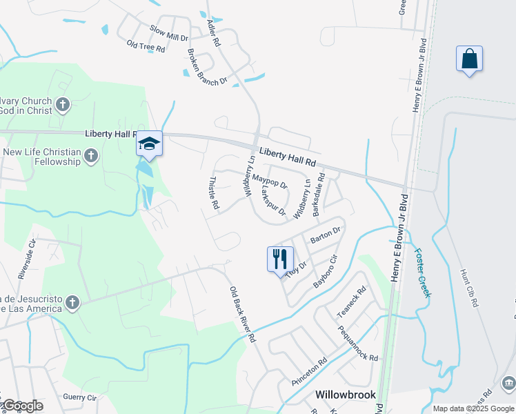 map of restaurants, bars, coffee shops, grocery stores, and more near 124 Wildberry Lane in Goose Creek