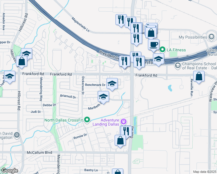 map of restaurants, bars, coffee shops, grocery stores, and more near 17834 Benchmark Drive in Dallas