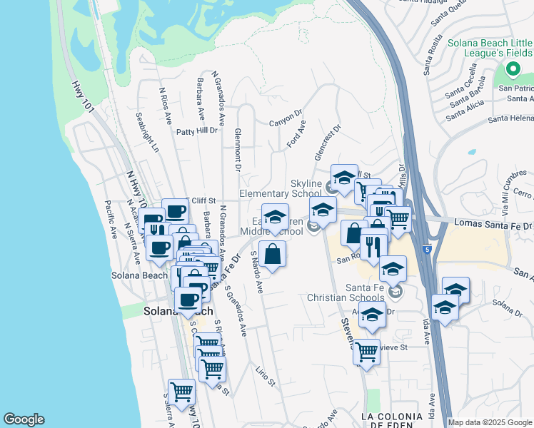 map of restaurants, bars, coffee shops, grocery stores, and more near 530 Lomas Santa Fe Drive in Solana Beach