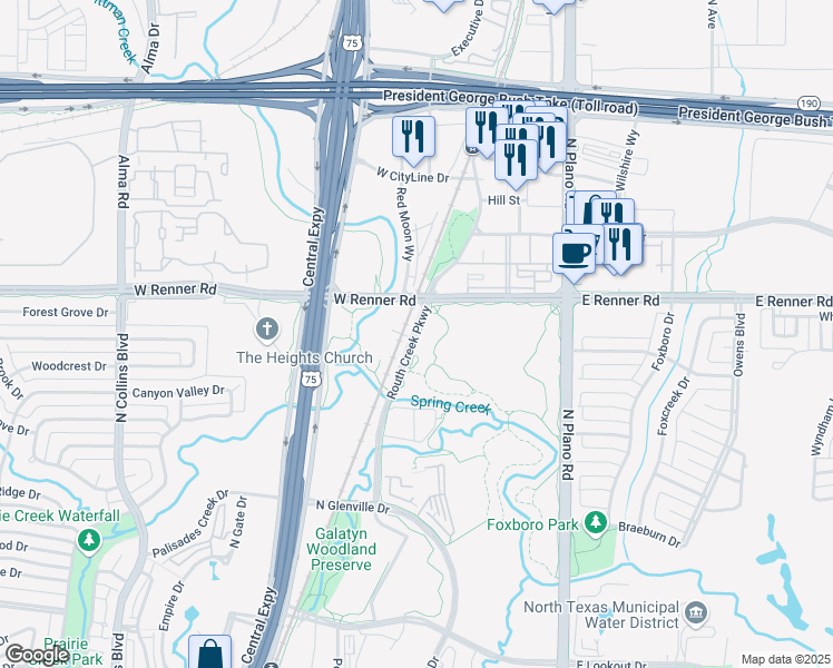 map of restaurants, bars, coffee shops, grocery stores, and more near Routh Creek Parkway in Richardson