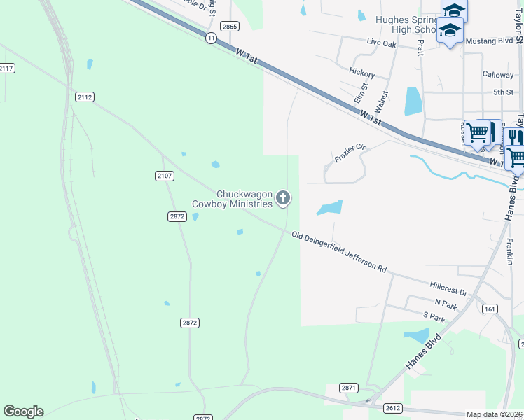 map of restaurants, bars, coffee shops, grocery stores, and more near 245 County Road 2873 in Hughes Springs